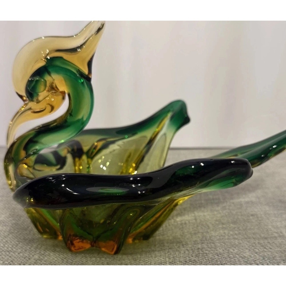 Vintage Murano Style Sommerso Art Glass Swan Bowl Green Amber‎ Mid Century